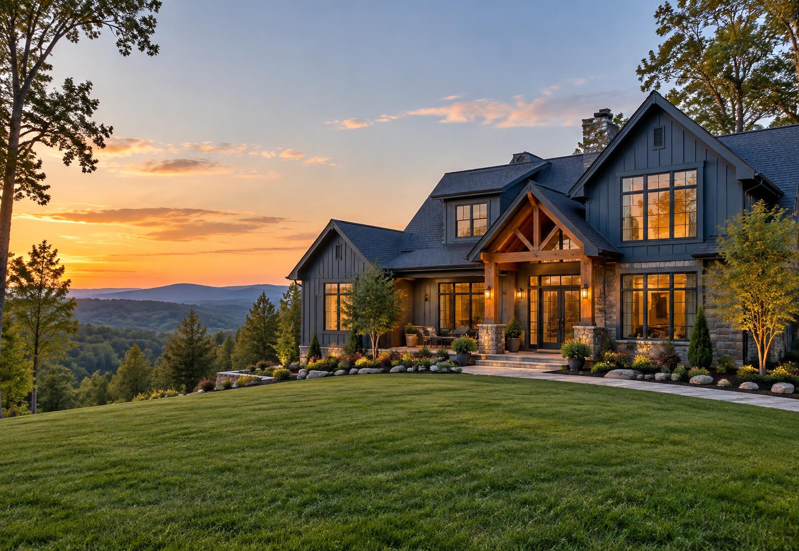Contemporary North Carolina home at sunset